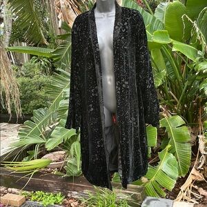 Ashley Stewart burn out velvet, long, open topper or jacket